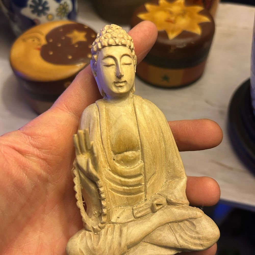 Serene Handcrafted Wooden Cream Buddha Sculpture Indonesia